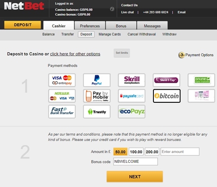 netbet deposit page with bitcoin option