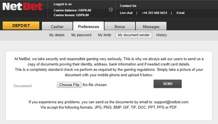 netbet sending documents page