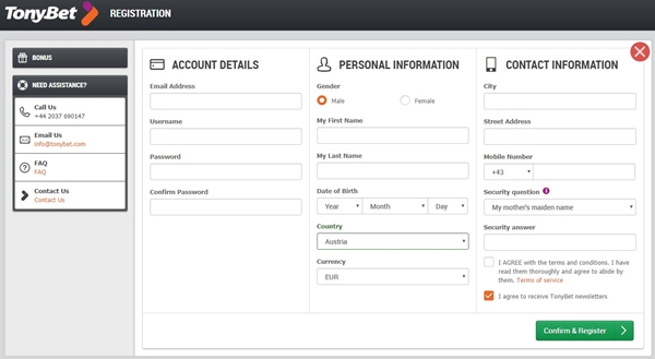 tonybet casino signup form